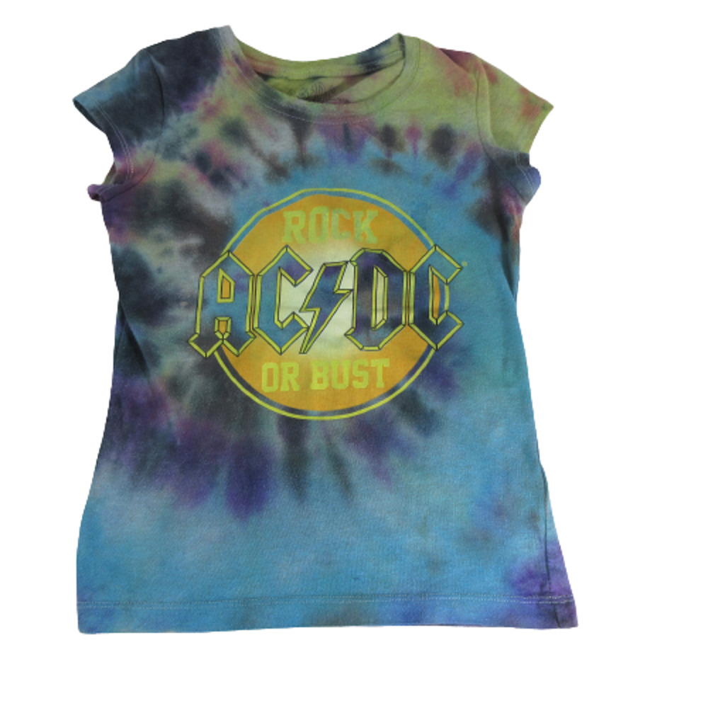AC/DC Girls Small T-Shirt (6/6X) Tee Rock Or Bust Blue Tie Dye Short Sleeve